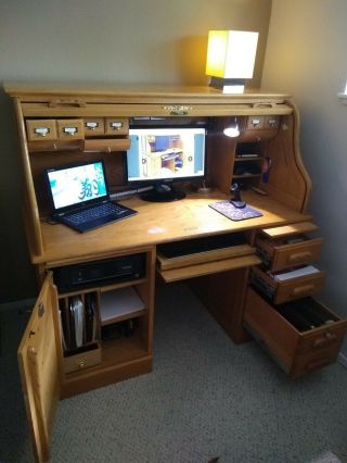 Roll Top Desk -,  Fits Computer,  Printer,  Keyboard Tray