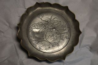 Antique Chinese Pewter & Brass Tray With Calligraphy Seal On Back