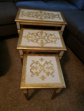 Vintage Set 3 Florentine Tole Gold Gilt Nesting Tables Stacking Italy Hollywood 2