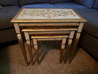 Vintage Set 3 Florentine Tole Gold Gilt Nesting Tables Stacking Italy Hollywood 4