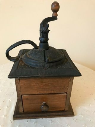 Antique Wood Coffee Grinder With Iron Hand Crank And Iron Top
