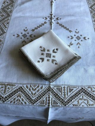 Vintage Hand Embroidered Cypriot Lefkara Work Lge.  Oblong Tablecloth & 8 Napkins