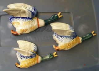 Trio Mid - Century Made In Japan Flying Mallard Duck Wall Hanging Planters C.  1950