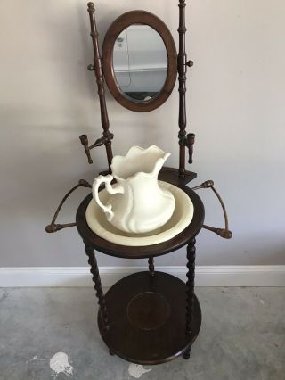 Antique/vintage Country Oak Wood Twist Stand With Wash Basin Bowl And Pitcher
