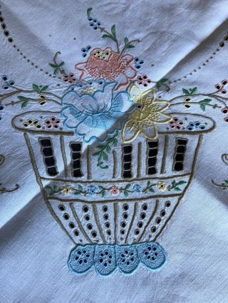 Vintage Multicoloured Madeira Work Hand Embroidered Cream Irish Linen Tablecloth