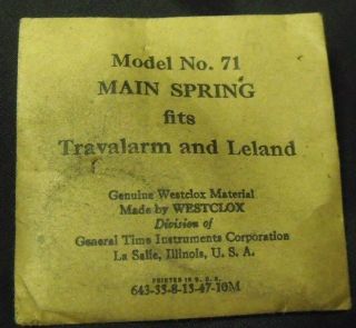 Westclox Model 71 Main Spring For Travalarm & Leland 643 - 35 - 8 - 13 - 47 - 10m,  Nos