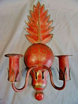 Antique French Painte Tole 2 Arm Red Wall Sconce Great Color Circa 1920