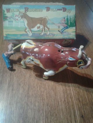 Mikuni Tin Toy Wild Roaring Bull And Boy With Box