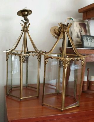 A Pair Vintage Gilt Brass Light / Ceiling Lanterns - 2 X Gold & Glass Lamps