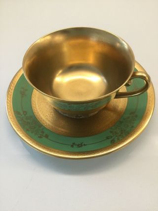 Gorgeous Rare 24k Gold Osborne China Green Trim Floral Filigree Cup And Saucer