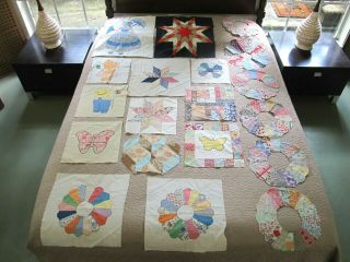 19 Vintage Hand Pieced Feed Sack & Old Cotton Quilt Blocks,  Dresden Plate & More