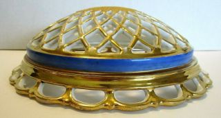 Pair Antique Porcelain Lattice Ceiling Lamp Shades Blue Gold With Leaf Pattern