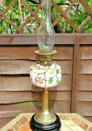 Antique Victorian Hand Painted Opaline Glass Oil Lamp,  Stone Base,  Chimney