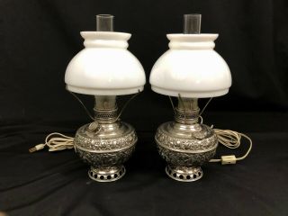 2 Antique Rochester Jr Nickel Plated Oil Lamps Electric Shade Chimney