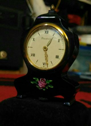 Vintage 2.  5 " Mini Boudoir Black Swiss Made Mantel Wind - Up Clock (only)