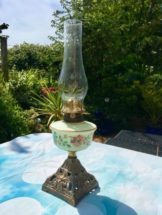 Antique Hand Painted Milk Glass Font Oil Lamp With Cast Iron Base Glass Chimney