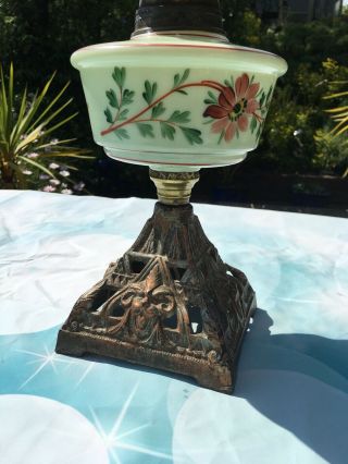 Antique Hand Painted Milk Glass Font Oil Lamp With Cast Iron Base Glass Chimney 2