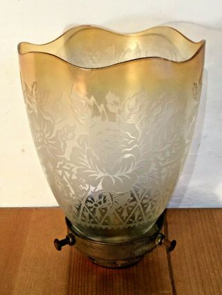 Antique Etched Glass Gas / Oil Lamp Shade,  Floral Decoration,  & Brass Gallery