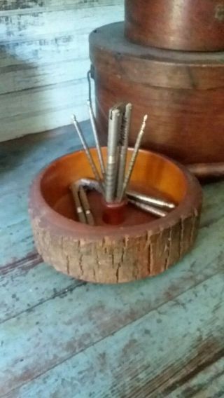 Vintage Antique Wooden Bowl - Wood Log Nut Bucket And Utensils