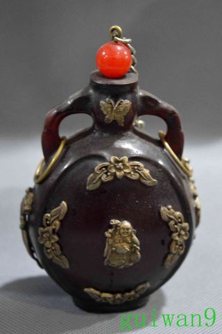 Ancient Old Chinese Miao Silver Armor Amber Carve Lizard Herbs Pot Snuff Bottle