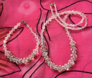 Vintage Antique 60s Aurora Borealis Crystal Beaded Necklace And Bracelet Set Vtg