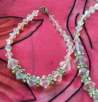 Vintage Antique 60s Aurora Borealis Crystal Beaded Necklace And Bracelet Set Vtg 2