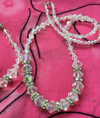 Vintage Antique 60s Aurora Borealis Crystal Beaded Necklace And Bracelet Set Vtg 3