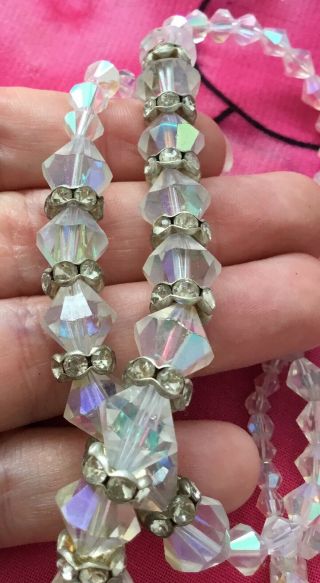Vintage Antique 60s Aurora Borealis Crystal Beaded Necklace And Bracelet Set Vtg 4