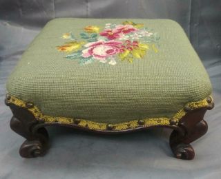 Antique Old Needlepoint Floral Carved Wood Wooden Footstool Foot Stool French