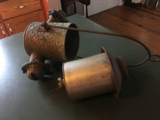 Antique " Angle Lamp " Lantern Kerosene Tin Nickel Hanging Double Burner Ornate