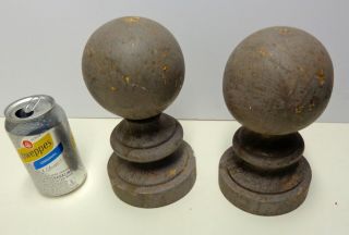 2 Antique Architectural Wood Newel Post Ball Finials,  Turnings In Old Gray Paint