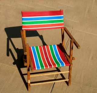 Vtg 30s - 40s Striped Canvas Wooden Folding Chair Childs Camping Lawn Beach Rare