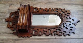 Antique Scroll Cut Fretwork Walnut Shaving Wall Mirror Comb Holder Pocket 6