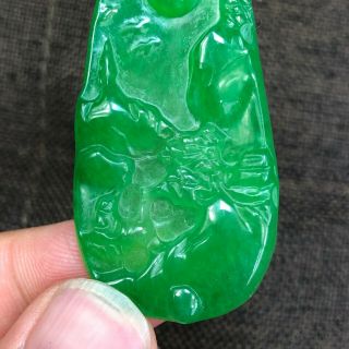 Chinese Green Jadeite Jade Handwork Collectible Landscape & Flying Birds Pendant 3