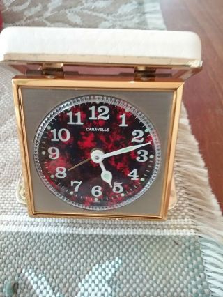 Vintage Caravelle By Bulova - - - - Travel Desk Alarm Clock Red Face,  Gold Trim