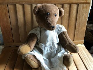 Primitive Bear - Hand Made - Vintage White Baby Dress - 16 Inches Tall