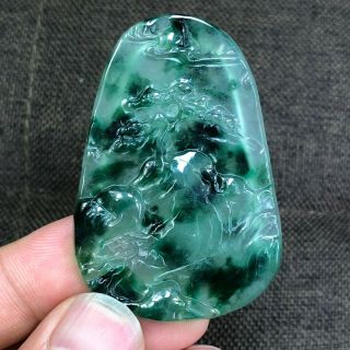 Collectible Ice Green Jadeite Jade Handwork Mountain & Tree Rare Chinese Pendant