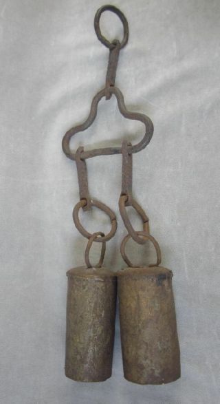 Set of 2 Hand Made Bells Antique Primitive cow bells on metal yoke 2