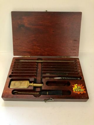 Very Rare Ww2 Vintage Ol’ Sarge Gun Rod Cleaning Kit In Wooden Case Oil Can 1896