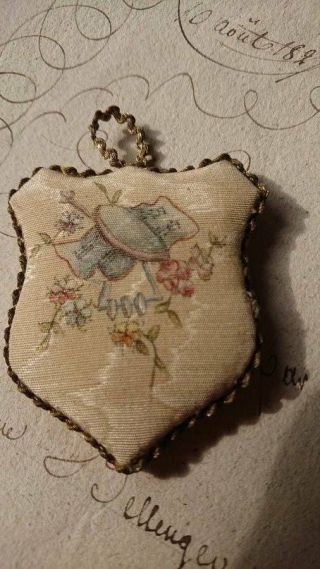 Sweet Antique French Hand Painted Silk Key Tab Bookmark Pin Cushion C1880