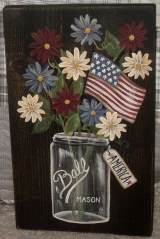 Primitive Hp Folk Art Prim Jar Daisies Flag America Reclaimed Wood