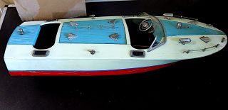 Vintage Large Wooden Battery Operated Speed Boat,  TMY ?,  Japan.  As Found 2