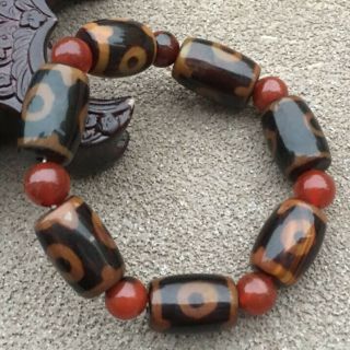 Rare Tibetan Natural Old Agate 3 Eyed Dzi Amulet Bracelet Hand String X18