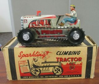 Vintage Marx Tin Litho Wind Up Sparkling Climbing Tractor W/original Box