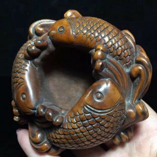 Collectable Handwork Old Boxwood Handwork Carve Three Goldfish Wealthy Ink - Stone
