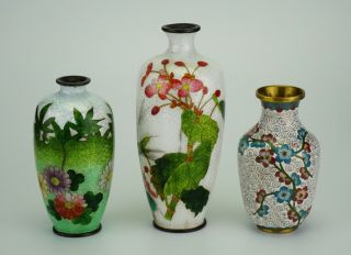 Three Antique Japanese Cloisonne Vase Flower Pattern Early 20th C