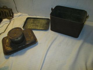 Vintage Metal Tin Bucket Lunch Pail With Bale Handle With Tray And Thermos
