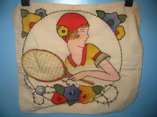 Art Deco Flapper Girl Tennis Player Embroidered & Colored Pillowcase Unstuffed