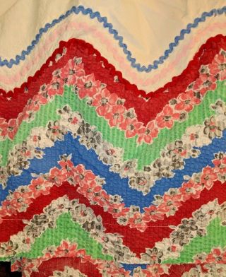 Vintage Full Double Bed Skirt Ric Rac Floral Red Blue Striped Wave 1940 Handmade 2