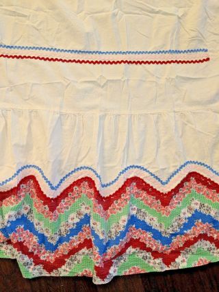 Vintage Full Double Bed Skirt Ric Rac Floral Red Blue Striped Wave 1940 Handmade 4